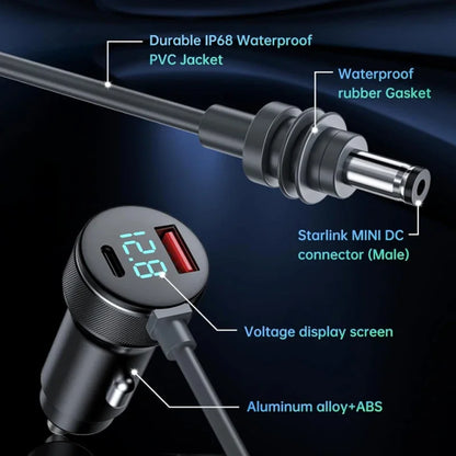BackupMyFilesNow 3-in-1 Starlink mini car charger with dual USB ports, 2m waterproof extension cable, digital voltmeter, for 12V-24V vehicles.