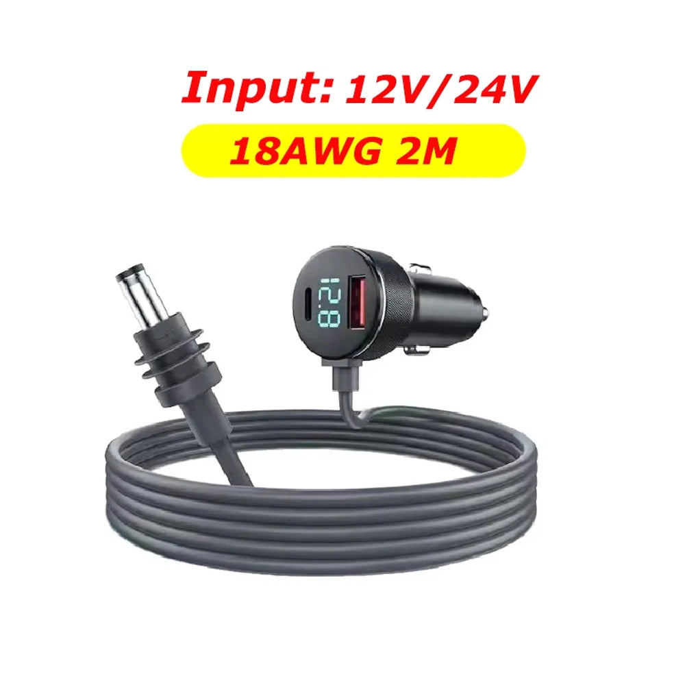 Backupmyfilesnow.com Starlink 3-in-1 mini car charger with dual USB ports, 2M DC cable, digital voltmeter, waterproof extension for vehicles.