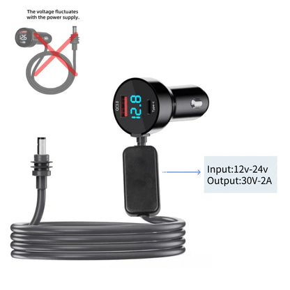 BACKUPMYFILESNOW® Starlink Mini 3-in-1 digital display car charger with USBA+C interface and 2-meter DC power cable.