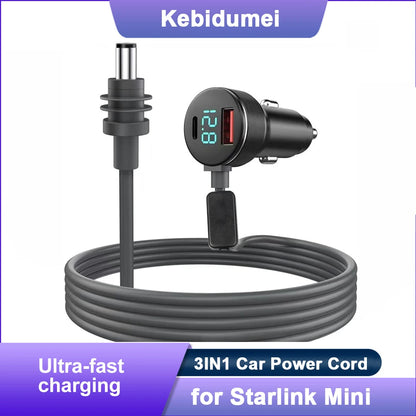 Starlink Mini 3-in-1 digital display car charger with USBA+C interface and 2-meter DC power cable by BACKUPMYFILESNOW.COM®