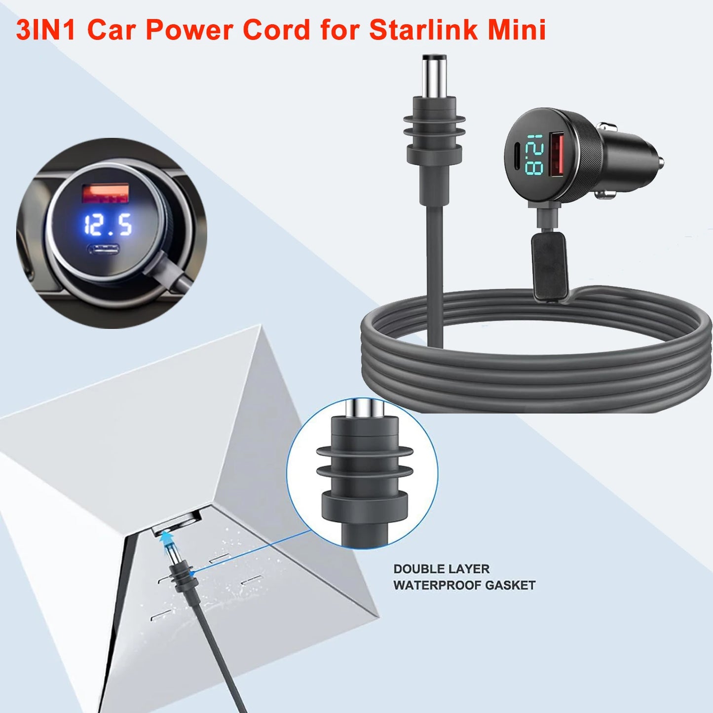 Starlink Mini 3-in-1 digital display car charger with USB-A+C interface and DC power cable, compatible with Starlink Mini.