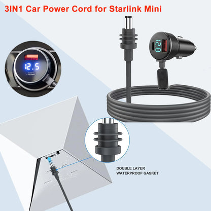 Starlink Mini 3-in-1 digital display car charger with USB-A+C interface and DC power cable, compatible with Starlink Mini.