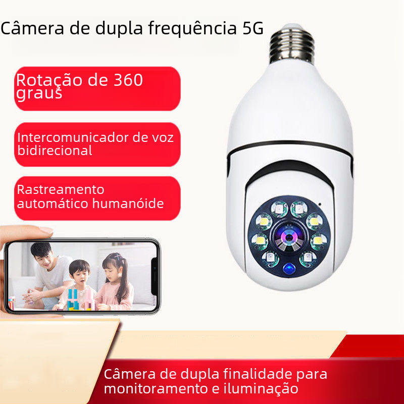 Wireless WiFi security camera with E27 socket, 200W, dual light source, 2MP resolution, dual-frequency 5G for home security.