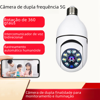 Wireless WiFi security camera with E27 socket, 200W, dual light source, 2MP resolution, dual-frequency 5G for home security.