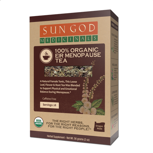 Organic herbal tea by BACKUPMYFILESNOW.COM® for menopause relief, featuring loose tea leaves in a clear glass jar.