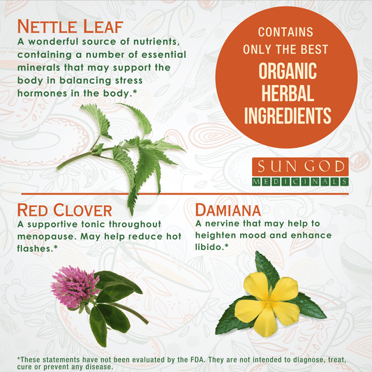 Organic herbal tea by BACKUPMYFILESNOW.COM® for menopause relief, featuring a 2oz package with herbal tea leaves in a clear bag.