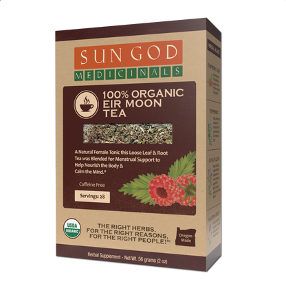 Eir Moon Organic Herbal Tea by BACKUPMYFILESNOW.COM® in a 2oz package with dried herbal blend and loose tea leaves.
