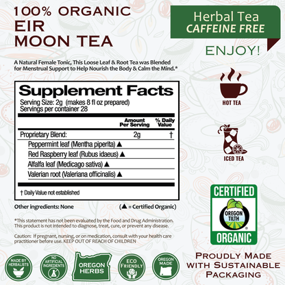 Eir Moon Organic Herbal Tea by BACKUPMYFILESNOW.COM®, 2oz package with dried herbal blend in a resealable bag