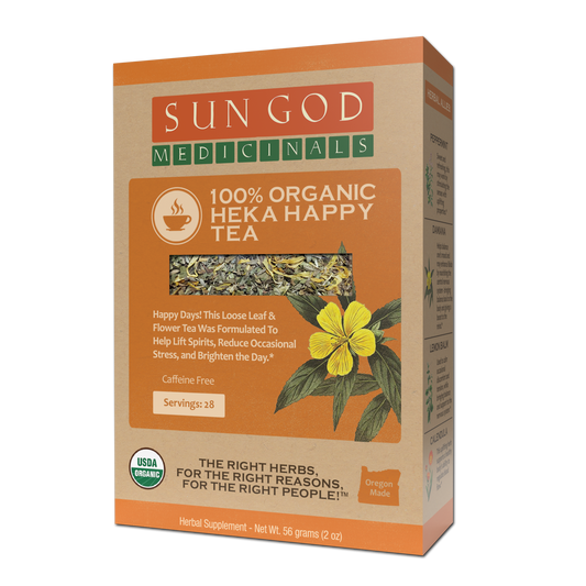 Organic herbal tea from Heka Happy by BACKUPMYFILESNOW.COM®, featuring a 2oz package of herbal tea blend.