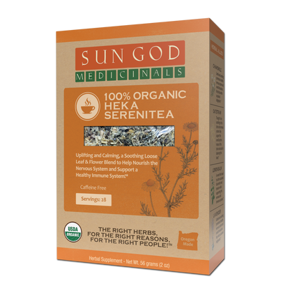 Organic Heka Serenitea herbal tea from BACKUPMYFILESNOW.COM® in a 2oz package, showcasing the herbal tea blend and packaging.