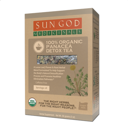 Organic Panacea Detox Herbal Tea by BACKUPMYFILESNOW.COM® in a 2oz package, featuring herbal blend for detox and wellness.