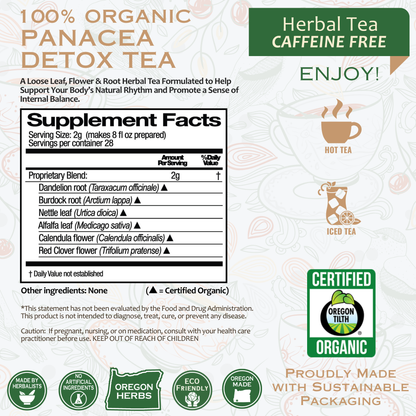 Organic Panacea Detox Herbal Tea by BACKUPMYFILESNOW.COM® in a 2oz package, featuring fresh herbal blend for cleansing and wellness.