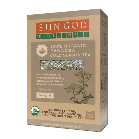 Organic herbal tea from Panacea Cold Season by BACKUPMYFILESNOW.COM®, featuring a 2oz package with herbal blend for cold relief.