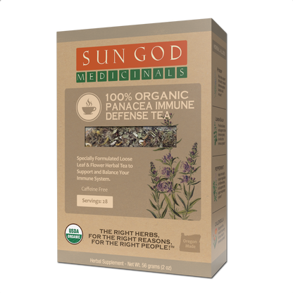 Panacea Immune Defense Organic Herbal Tea by BACKUPMYFILESNOW.COM® in a 2oz package, featuring herbal blend for immune support.