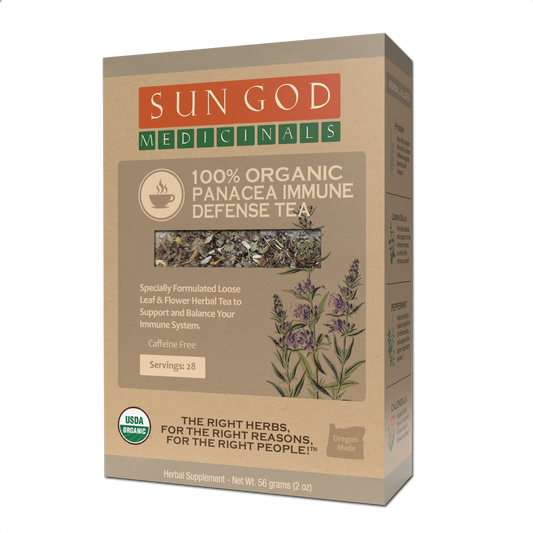 Panacea Immune Defense Organic Herbal Tea by BACKUPMYFILESNOW.COM® in a 2oz package, featuring herbal blend for immune support.