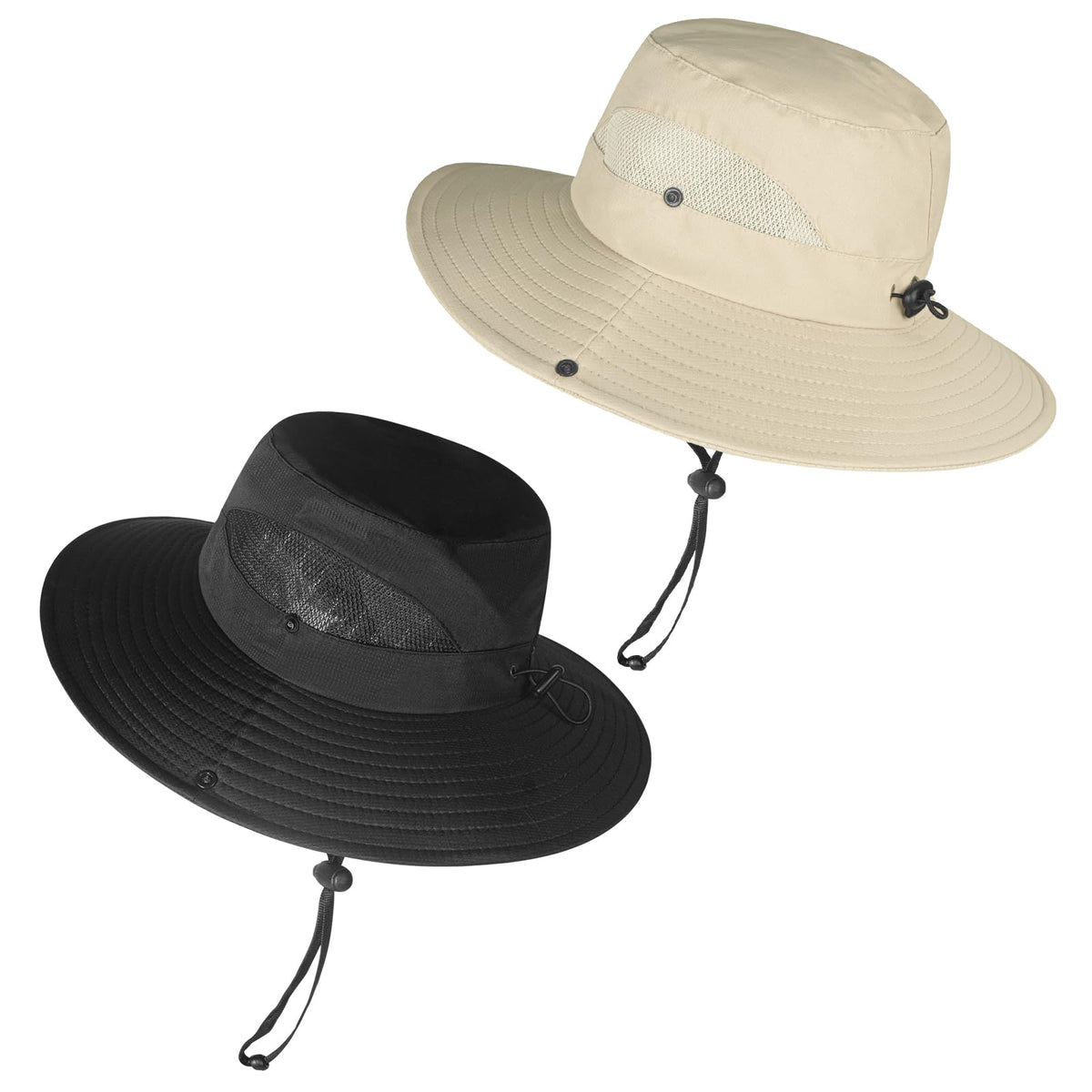 Pair of ZOORON wide brim bucket hats for men and women, waterproof UPF50+ sun hats in black and light beige for outdoor activities.
