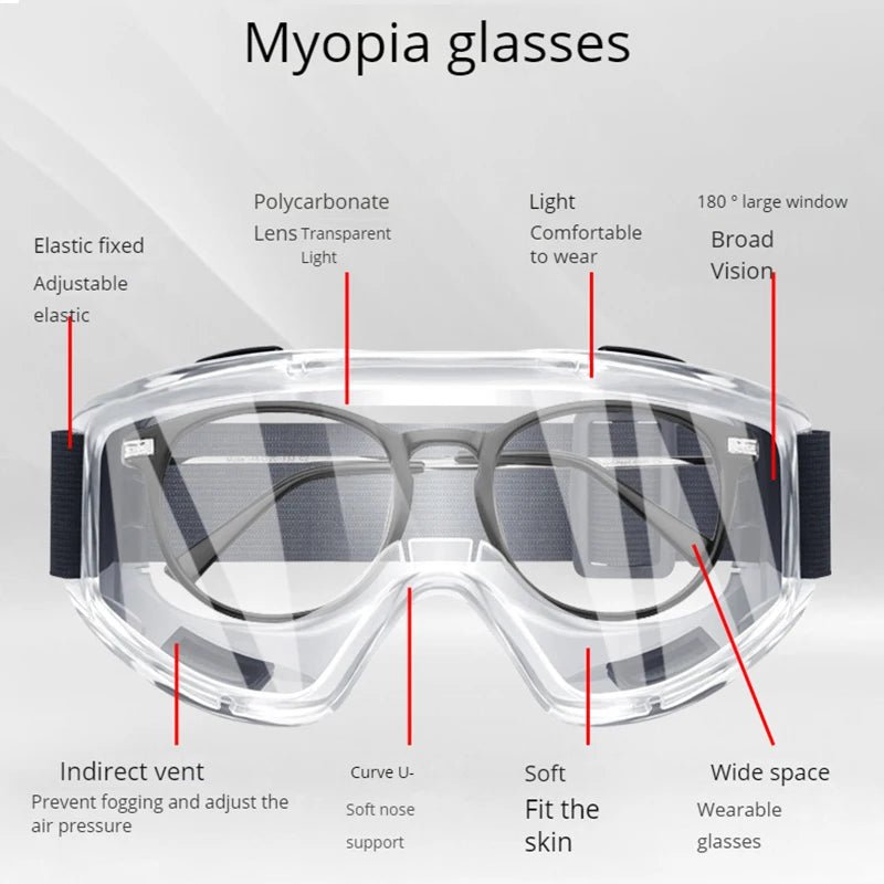 Clear anti-fog safety glasses with adjustable strap, designed for dust, sand, and splash protection during sports and outdoor activities.