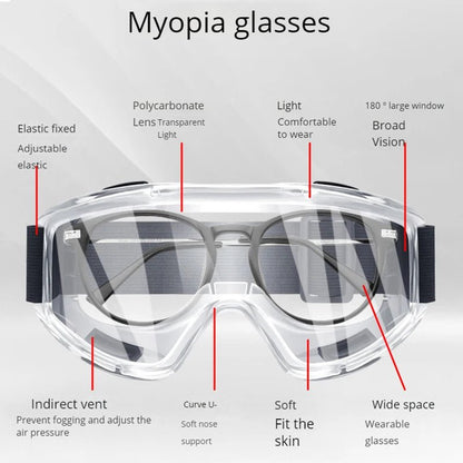 Clear anti-fog safety glasses with adjustable strap, designed for dust, sand, and splash protection during sports and outdoor activities.