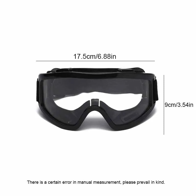Clear anti-fog safety glasses with adjustable straps, designed for anti-splash dust, sand, riding, skiing, and sports activities.