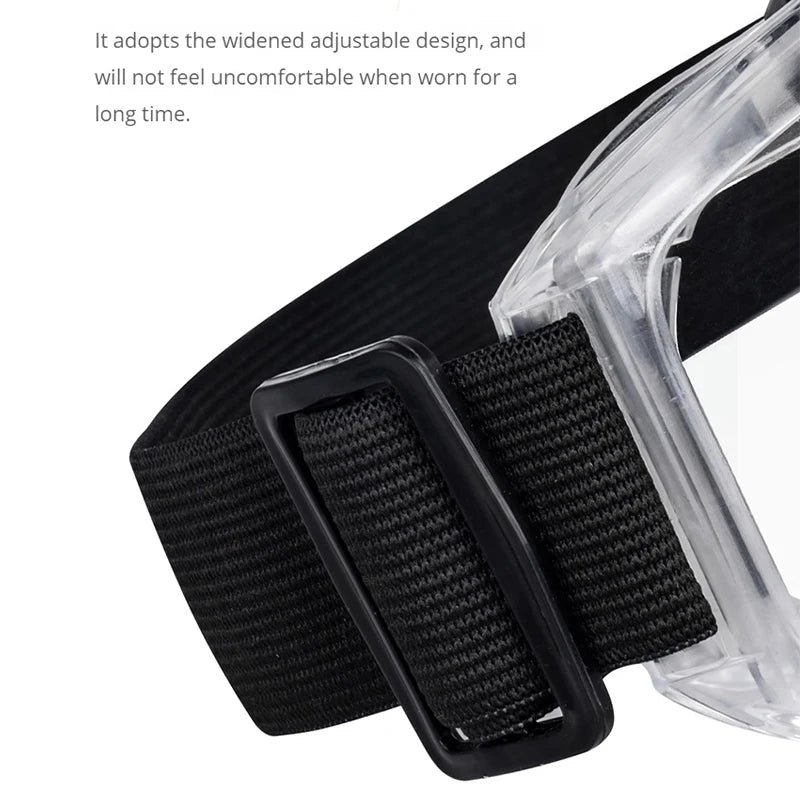 Clear anti-fog safety glasses with adjustable straps for riding, skiing, and sports, providing splash, dust, and sand protection.