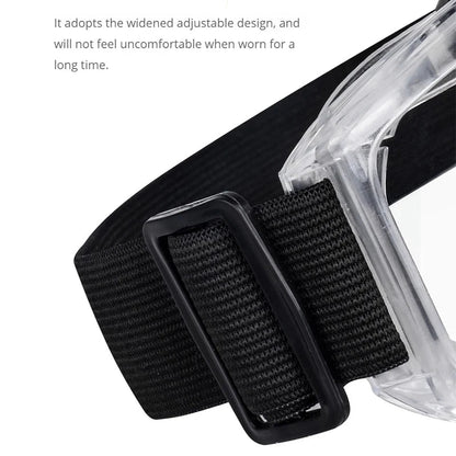 Clear anti-fog safety glasses with adjustable straps for riding, skiing, and sports, providing splash, dust, and sand protection.