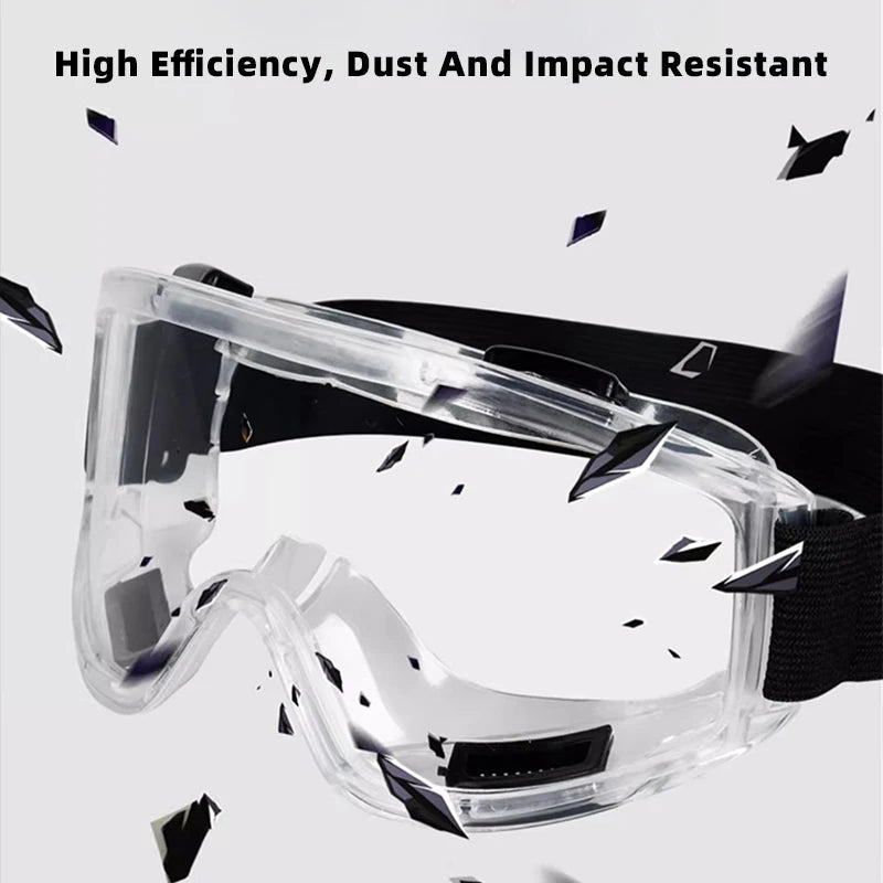 Clear anti-fog safety glasses with adjustable straps, designed for riding, skiing, and sports, protecting against dust, splashes, and sand.