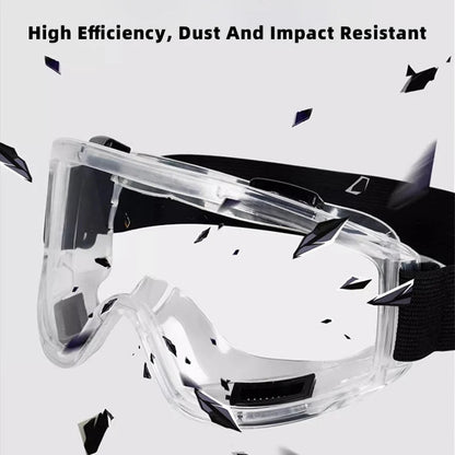 Clear anti-fog safety glasses with adjustable straps, designed for riding, skiing, and sports, protecting against dust, splashes, and sand.