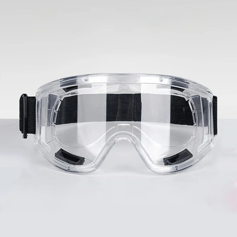 Clear anti-fog safety glasses with adjustable strap, splash-proof dust and sand goggles, ideal for riding and skiing sports.