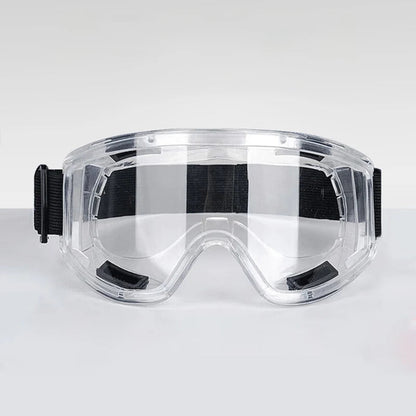 Clear anti-fog safety glasses with adjustable strap, splash-proof dust and sand goggles, ideal for riding and skiing sports.