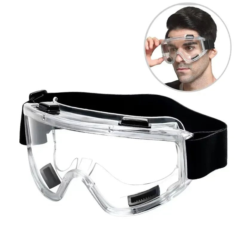Pair of white safety goggles with clear anti-splash dust-proof lenses, designed for industrial and lab eye protection.
