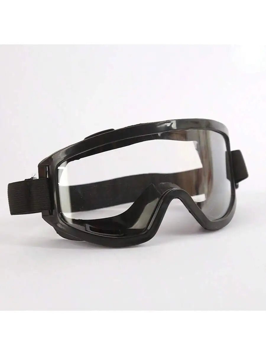 Pair of clear lens safety goggles by BACKUPMYFILESNOW.COM® with anti-splash dust proof protection for industrial lab work.
