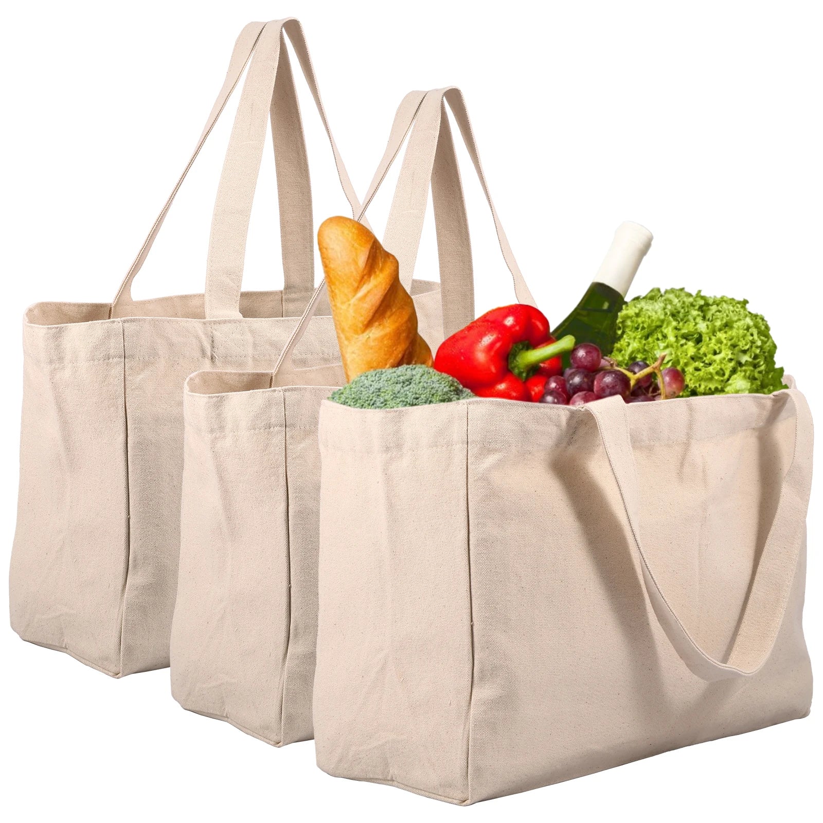 Large capacity canvas grocery tote bag with washable design, 6 inner pockets, ideal for shopping, camping, and food storage.