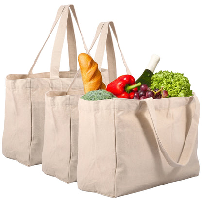 Large capacity canvas grocery tote bag with washable design, 6 inner pockets, ideal for shopping, camping, and food storage.
