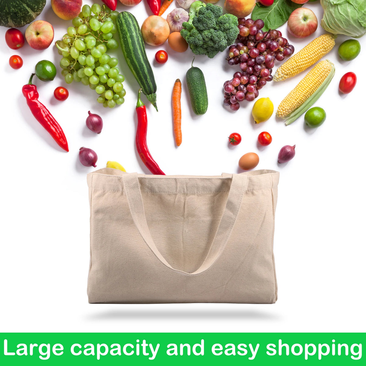 Large capacity canvas grocery tote bag with washable design, six inner pockets, ideal for shopping, camping, and food storage.