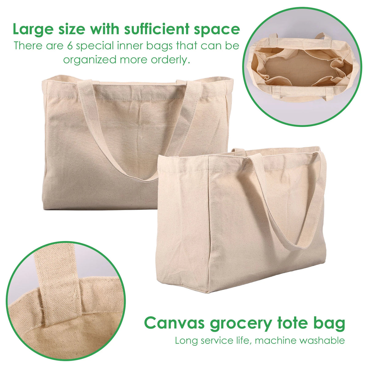 Large capacity canvas grocery tote bag with six inner pockets, washable, ideal for shopping, camping, and carrying foods.
