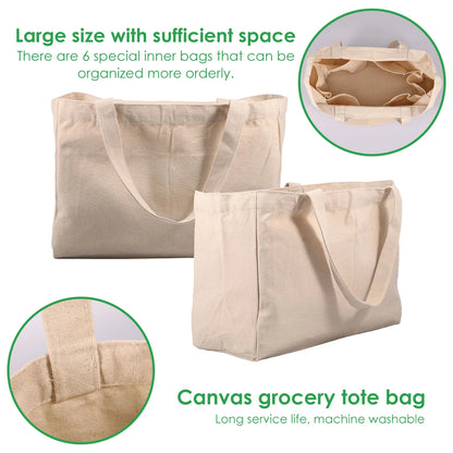Large capacity canvas grocery tote bag with six inner pockets, washable, ideal for shopping, camping, and carrying foods.