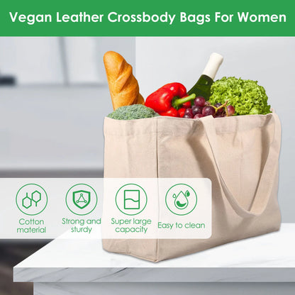 Large capacity canvas grocery tote bag from BackupMyFilesNow.com with washable design, 6 inner pockets, perfect for shopping and camping.