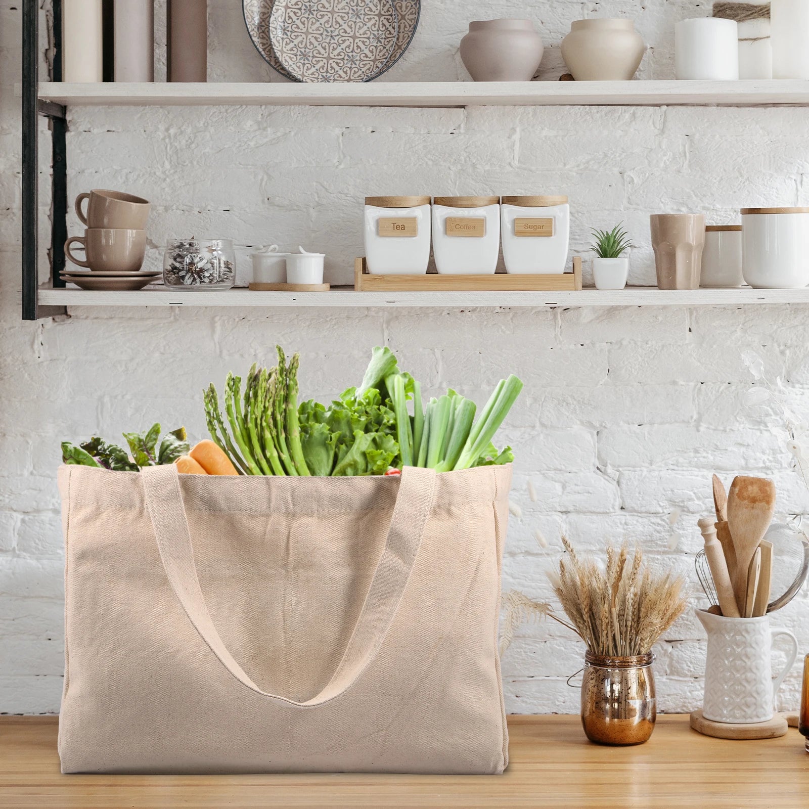 Large capacity canvas grocery bags with 6 inner pockets, washable and ideal for shopping, camping, and carrying foods.
