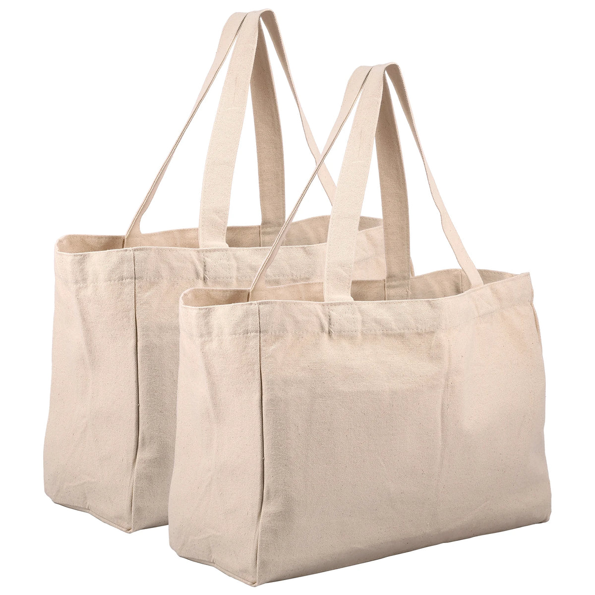 Large capacity canvas grocery tote bag with 6 inner pockets, washable, ideal for shopping, camping, and carrying foods.