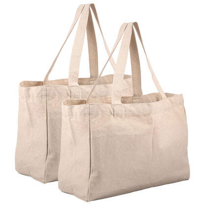 Large capacity canvas grocery tote bag with 6 inner pockets, washable, ideal for shopping, camping, and carrying foods.