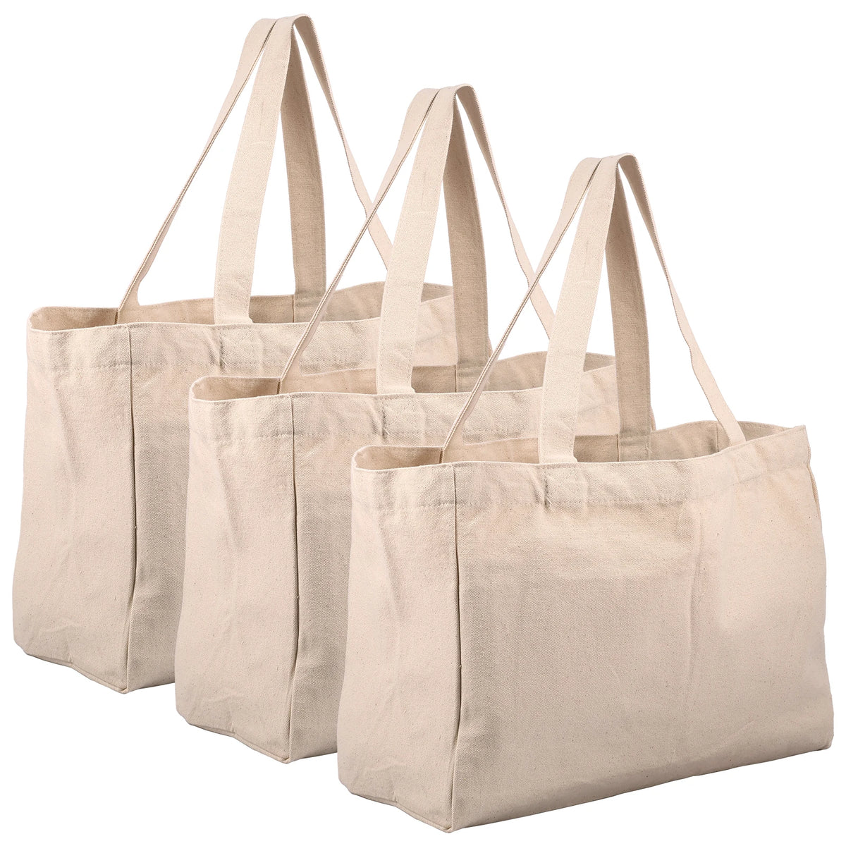 Large capacity canvas grocery shopping bag with 6 inner pockets, washable, durable, ideal for camping and food storage.