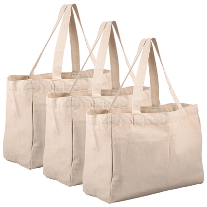 Large capacity canvas grocery shopping bag with 6 inner pockets, washable, durable, ideal for camping and food storage.