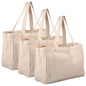 Large capacity canvas grocery shopping bag with 6 inner pockets, washable, durable, ideal for camping and food storage.