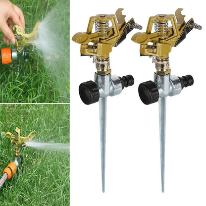 360-degree rotation garden rocker sprinkler with adjustable impact nozzle for lawn, garden, orchard, and field irrigation.
