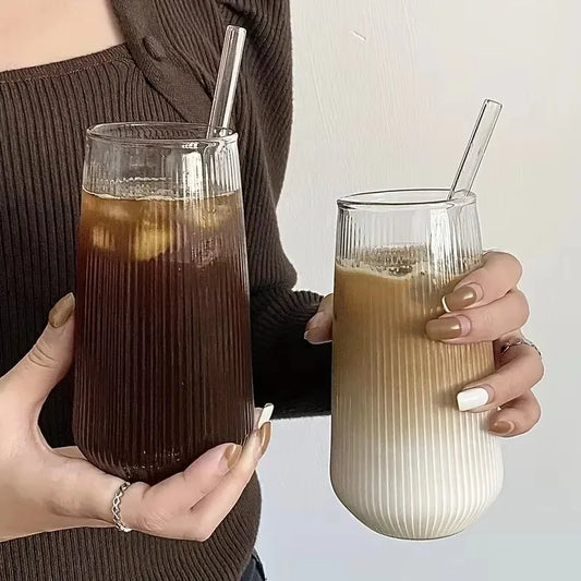 Two 500ml clear glass cups with simple stripe design, suitable for wine, coffee, water, whiskey, beer, and cocktails.