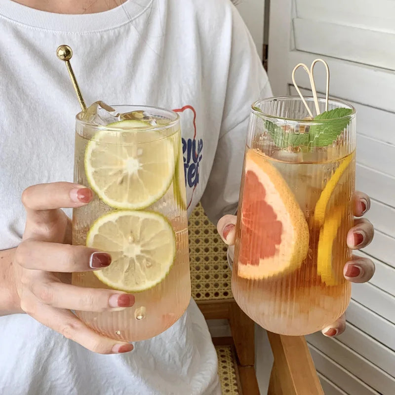 Two 500ml clear glass cups with simple stripe design, suitable for wine, coffee, water, whiskey, beer, or cocktails.