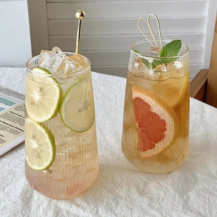 Two 500ml Simple Stripe glass cups for wine, coffee, water, whiskey, beer, and cocktails, perfect for bar and drinkware use.