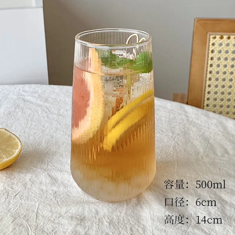 Two 500ml clear glass cups with simple stripe design, suitable for wine, coffee, water, whiskey, beer, and cocktails.