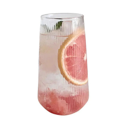 Two 500ml clear glass cups with simple stripe design, suitable for wine, coffee, water, whiskey, beer, and cocktails.