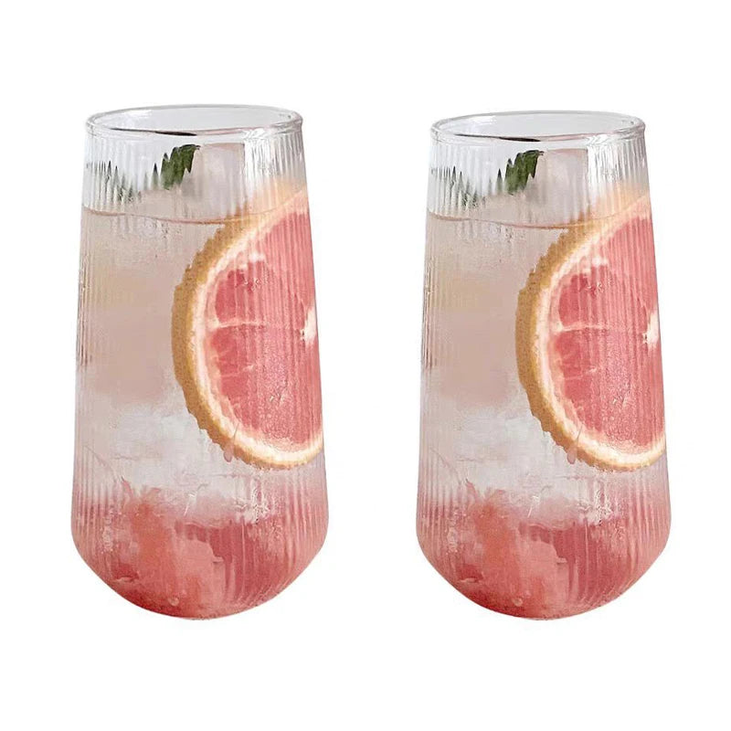 Two 500ml clear glass cups with simple stripe design, suitable for wine, coffee, water, whiskey, beer, cocktails, and milk.